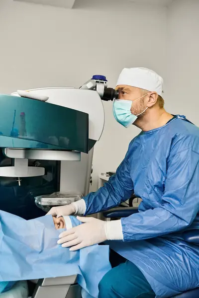 Handsome Doctor Performing Laser Vision Correction Womans Face — Stock Photo, Image