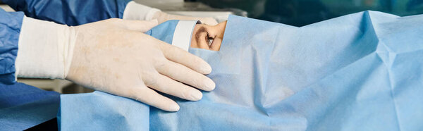 Devoted surgeon performing laser vision correction on womans face.