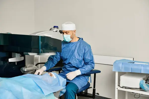 Mężczyzna Chirurgicznej Sukni Siedzi Spokojnie Krześle — Zdjęcie stockowe