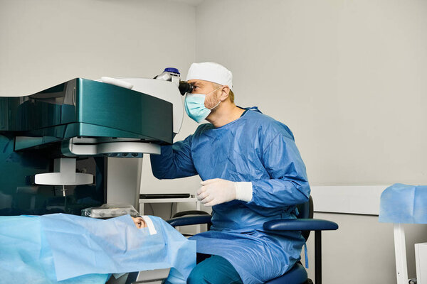 A man in surgical gown operates a medical machine.