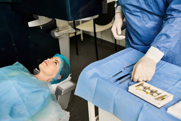 A woman in a blue gown relaxes on a hospital bed.