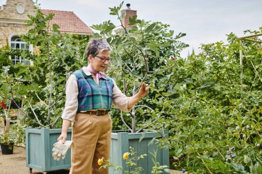 sofistike, neşeli, olgun, kısa saçlı, şık giyinmiş, bitkileriyle ilgilenen bir kadın.