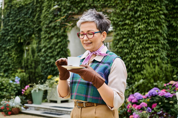 attractive joyful mature woman drinking hot tea at breakfast in garden of her house in England