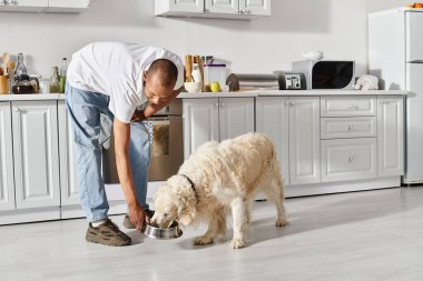 An African American man with a disability tenderly feeds his Labrador dog food from a bowl, symbolizing love and care. clipart