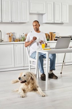 Engelli bir Afrikalı Amerikalı, masadaki bir dizüstü bilgisayar üzerinde çalışırken sadık Labrador köpeğiyle işbirliği yapıyor..