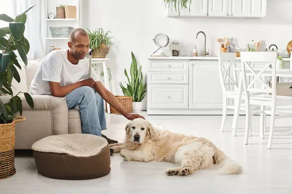 アフリカ系アメリカ人男性 マイアスタシア グラビスが自宅のソファにいるラブラドール犬の横に座る — ストック写真