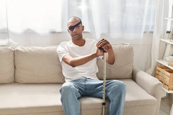 Elderly African American Man Myasthenia Gravis Sits Couch Cane Lost — Stock Photo, Image