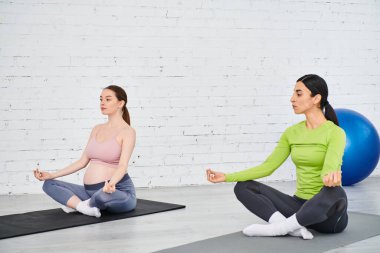 Two women sit on yoga mats, engaged in a peaceful session. clipart