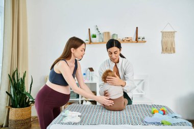 A young, beautiful mother tenderly cradles her baby in her arms, seeking guidance from a parenting coach at a home course. clipart