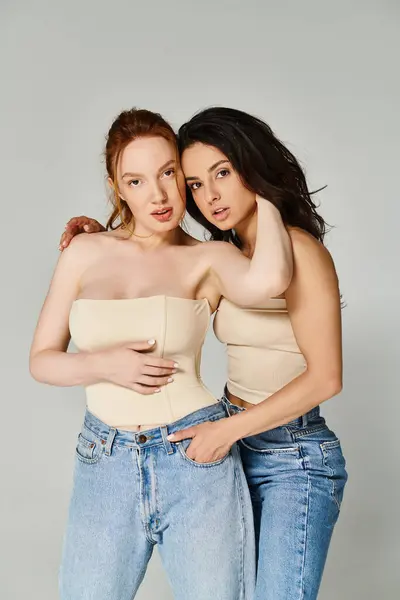 Two Elegant Young Women Loving Lesbian Couple Standing Joyfully Together — Stock Photo, Image