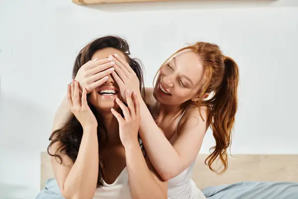 Two Elegant Women Smiling Covering Faces Happiness — Stockfoto