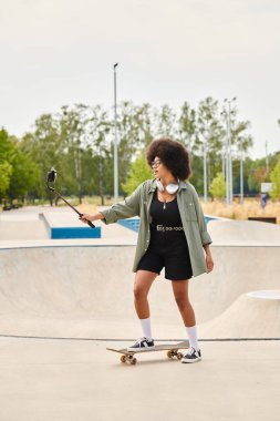 A young African American woman with curly hair confidently rides a skateboard at a bustling skate park. clipart