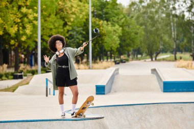 A young African American woman with curly hair confidently skateboarding at an outdoor skate park on a sunny day. clipart