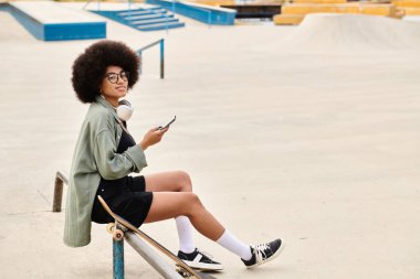 A young African American woman with curly hair sitting on a bench with her skateboard at a skate park. clipart