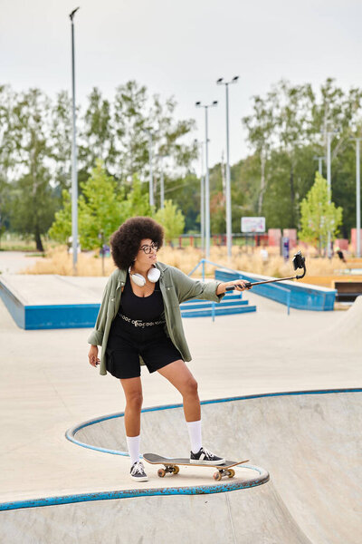 A young African American woman with curly hair confidently rides a skateboard at a bustling skate park.