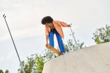 athletic young African American woman skillfully rides a skateboard uphill on a steep ramp at a skate park. clipart