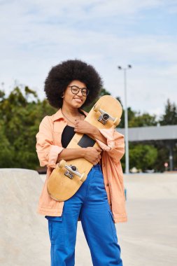 Afro saçlı, genç bir Afrikalı Amerikalı kadın açık hava kaykay parkında kaykayla dengede duruyor..