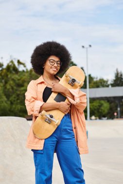A young African American woman with an afro style hair skillfully balancing on a skateboard at an outdoor skate park. clipart