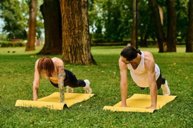 Spor giyim sektöründe bir erkek ve bir kadın parkta şınav çekerken güç ve kararlılık gösteriyorlar.