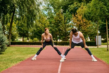 Spor yapan insanlar kişisel antrenörleriyle esneme, azim ve motivasyon gösteriyorlar..
