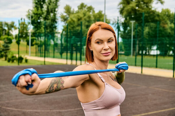 a determined woman in sportswear holds a blue resistance rope, showcasing motivation.