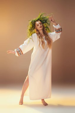 A young mavka in a white dress adorned with a green wreath, exuding an ethereal and mystical presence in a studio setting. clipart