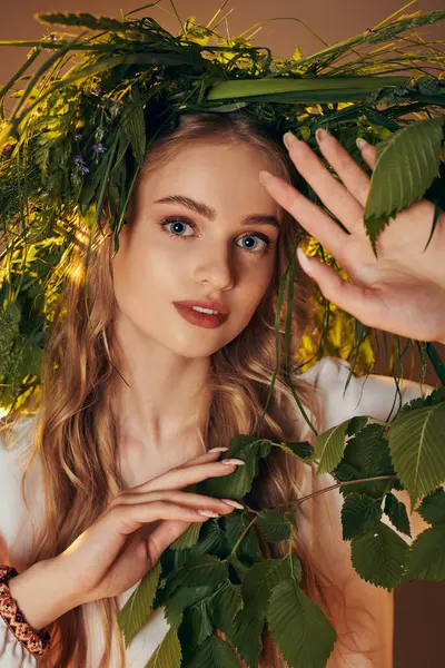 一个身穿传统服装 头戴树叶花环的年轻女子 在童话和幻想中闪烁着美丽光芒 — 图库照片