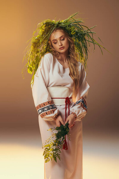 Young mavka wearing traditional white dress adorned with wreath in a whimsical studio setting.
