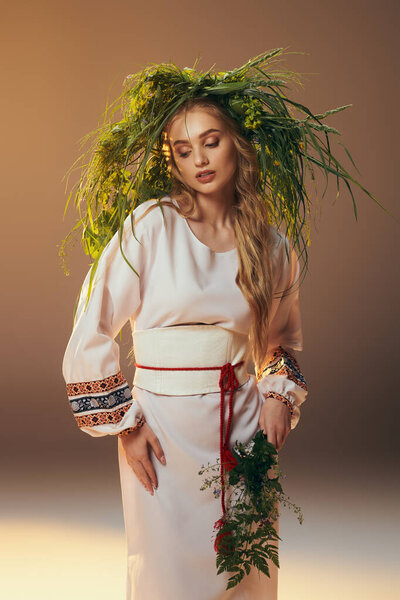 A young woman in a white dress adorned with a wreath on her head, embodying a fairy-tale fantasy in a studio setting.