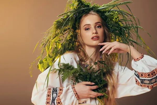 Ung Kvinna Traditionell Outfit Prydd Med Utsmyckad Krans Fantastisk Studiomiljö — Stockfoto