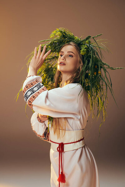 A young mavka wearing a traditional outfit adorned with an ornate floral wreath, exuding a fairy and fantasy-like aura in a studio setting.