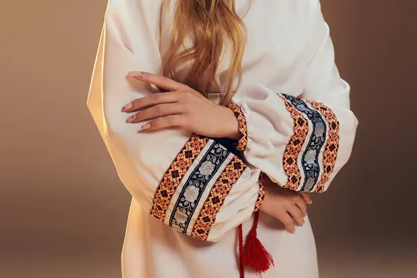 Young Mavka Adorned White Dress Striking Red Tassel Exuding Air — Stock Photo, Image
