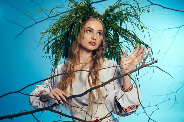 Una Joven Levanta Con Gracia Frente Árbol Imponente Con Atuendo — Foto de Stock