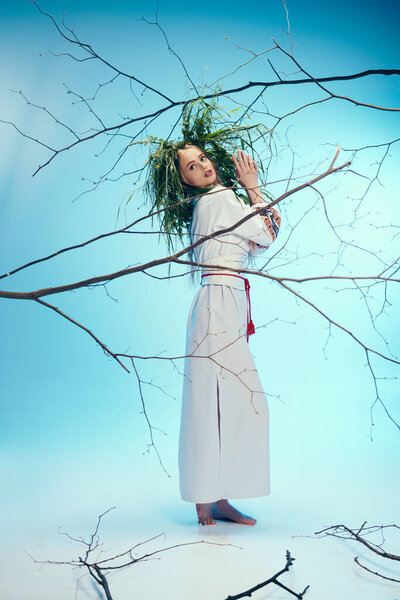 A young mavka in traditional attire stands gracefully in front of a twisted tree branch in a fairy and fantasy studio setting.