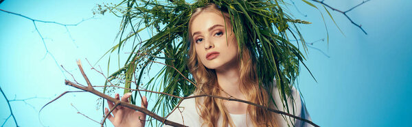 A young mavka in traditional attire gazes serenely under a lush tree in a whimsical and fairy-tale-like studio setting.