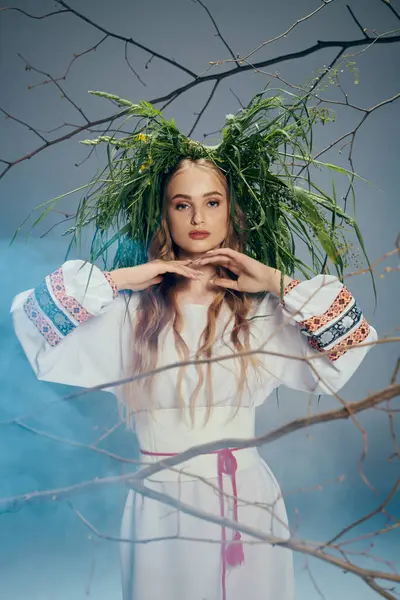 Mystical Young Woman Dressed White Delicately Balances Plant Her Head — Stock Photo, Image