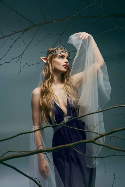 Young Woman Exudes Fairy Fantasy Vibes Dressed Beautiful Blue Dress — Stock Photo, Image