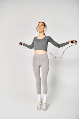 A sporty young woman wearing a gray top listens to music through headphones on a serene gray background. clipart