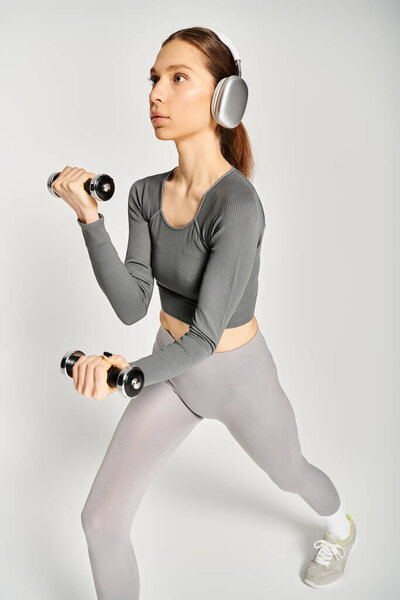A sporty young woman in active wear exercises with dumbbells while listening to music through headphones on a grey background.
