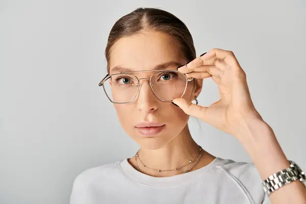 Una Giovane Donna Guarda Con Fiducia Indossando Occhiali Una Camicia — Foto Stock