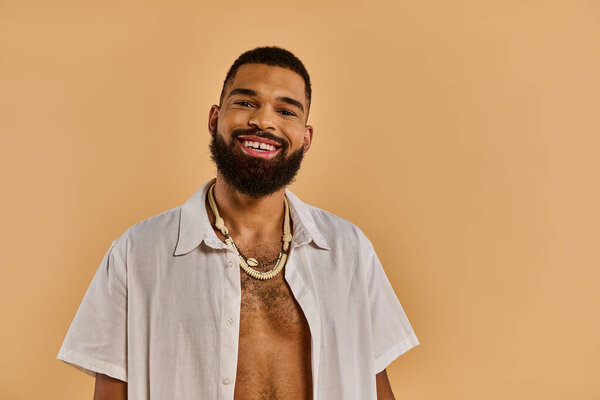 A bearded man exudes rugged charm in his crisp white shirt, a symbol of sophistication juxtaposed with his natural masculinity.