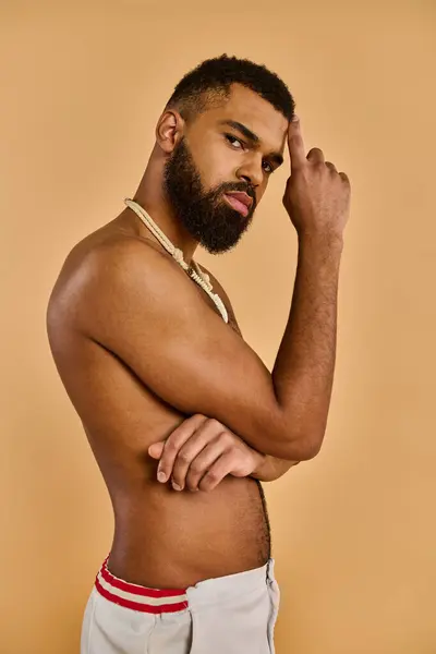 Man Long Bushy Beard Stands Confident Stance Shirtless Showcasing His — Stock Photo, Image