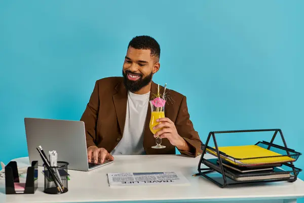 Man Sits Desk Laptop Open Front Him Accompanied Drink Appears — Stock Photo, Image