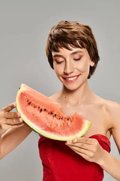 Young Woman Striking Red Dress Holds Slice Watermelon — Stock Photo, Image
