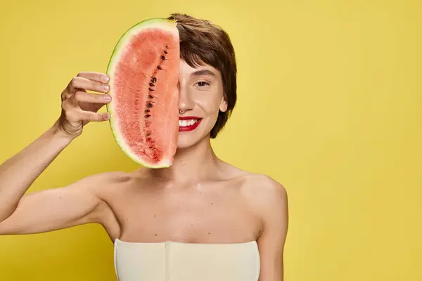 Young Woman Joyfully Holds Watermelon Slice Her Face — Foto de Stock
