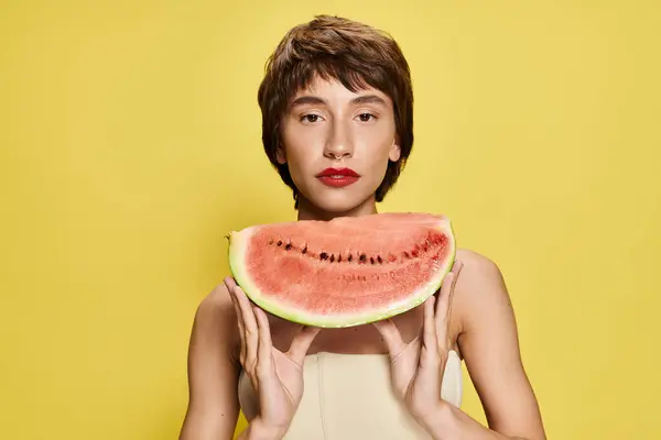 Young Woman Playfully Holds Slice Watermelon Front Her Face — Stockfoto