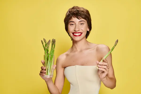 Stylish Young Woman White Dress Holding Bunch Fresh Asparagus — Stock Photo, Image