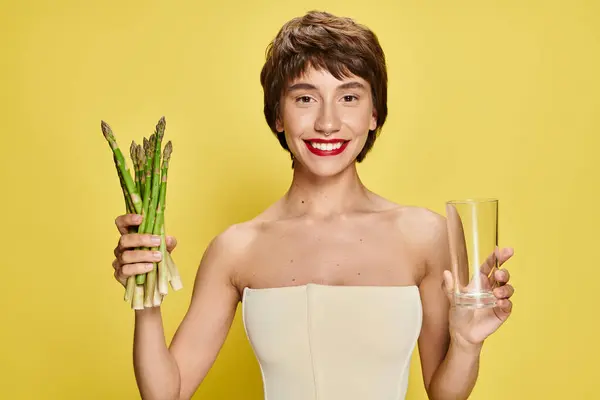 Graceful Woman White Dress Holding Asparagus Glass — Stockfoto