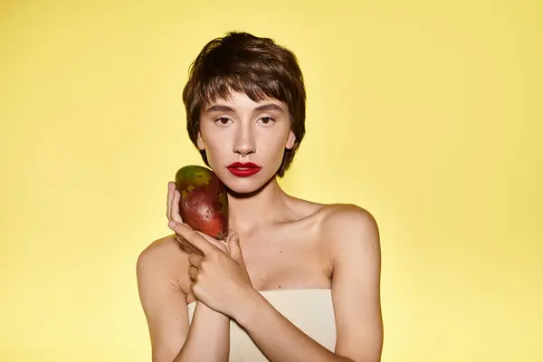 Mladá Žena Hravě Drží Kousek Ovoce Před Obličejem — Stock fotografie