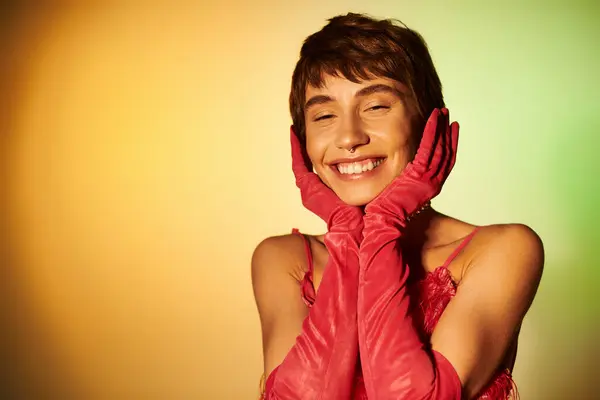 Fashionable Woman Striking Pose Vibrant Red Dress Gloves — Stock Photo, Image